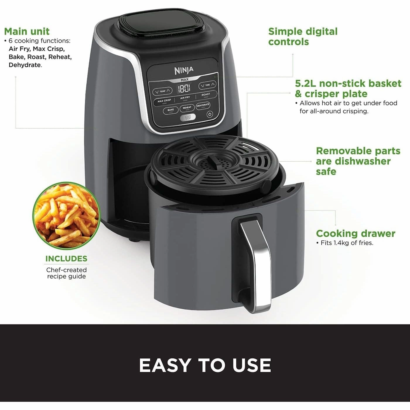 Ninja Air Fryer MAX, 5.2L, 6-in-1, Uses No Oil, Air Fry, Max Crisp, Roast, Bake, Reheat, Dehydrate, Family Size, Digital, Cook From Frozen, Non-Stick, Dishwasher Safe Basket, Grey & Black, AF160UK