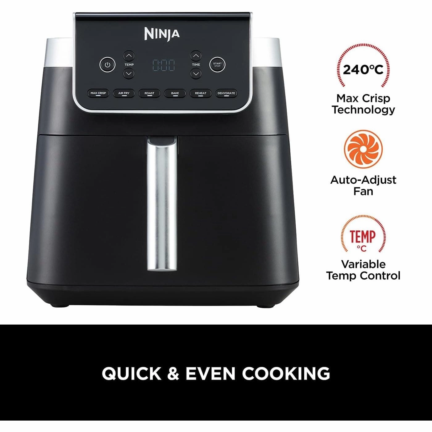 Ninja Air Fryer MAX PRO, 6.2L, Uses No Oil, Large Square Single Drawer, Roast, Bake, Air Fry, Family Size, Digital, Cook From Frozen, Non-Stick, Dishwasher Safe Basket & Crisper Plate, Grey, AF180UK