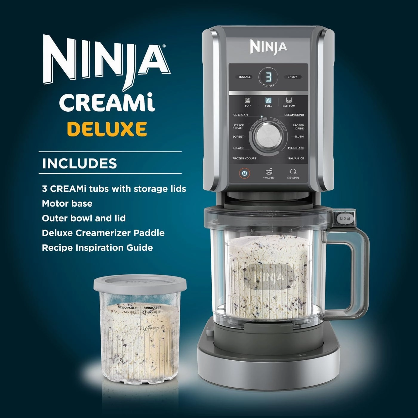 Ninja CREAMi Deluxe Ice Cream Maker - 10 Functions, 3 Tubs, 2-in-1 Flavour Option, Silver (NC501UK)