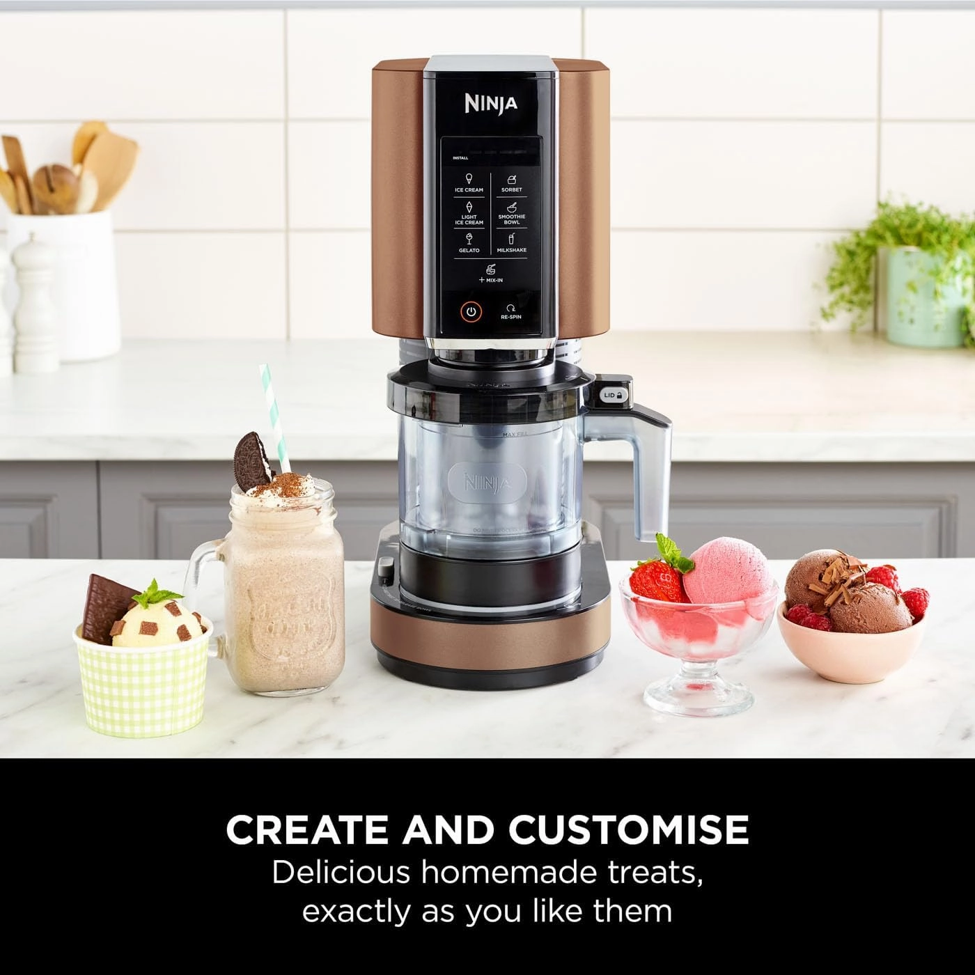 Ninja CREAMi Ice Cream & Dessert Maker, 1.4L, 7 Programs, 3 Tubs, Black & Copper - NC300UKCP
