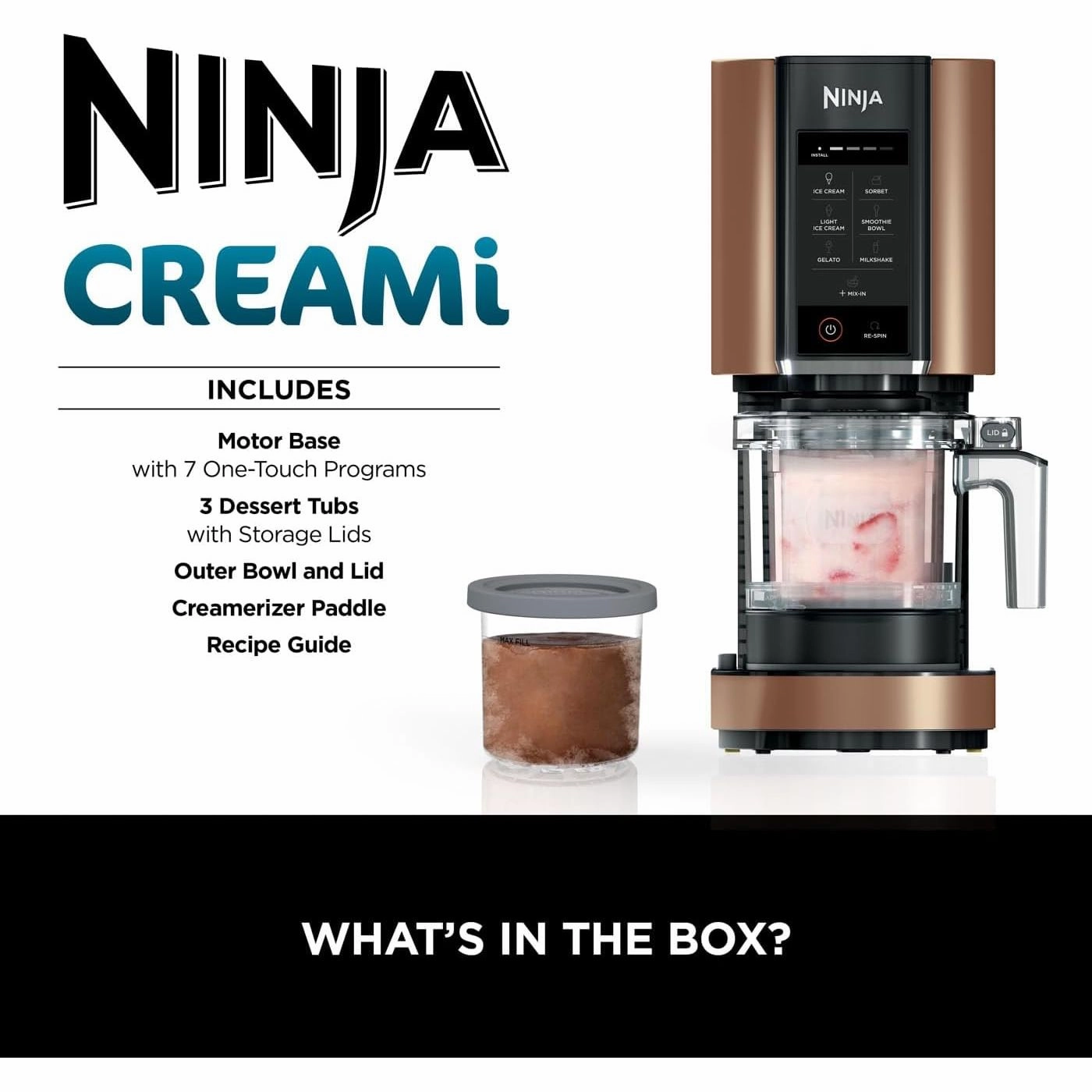 Ninja CREAMi Ice Cream & Dessert Maker, 1.4L, 7 Programs, 3 Tubs, Black & Copper - NC300UKCP