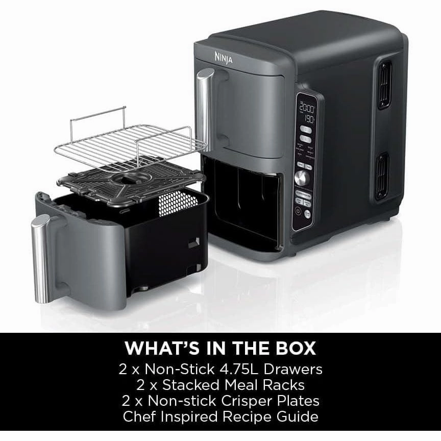 Ninja Double Stack XL Air Fryer, 9.5L Vertical Dual Drawer with 4 Cooking Levels, 6 Functions, Space-Saving Design - Grey (SL400UK)