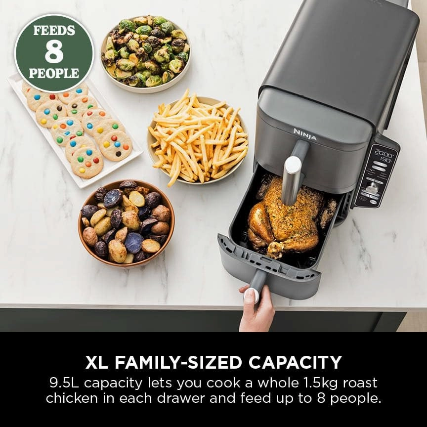 Ninja Double Stack XL Air Fryer, Vertical Dual Drawer AirFryer with 4 cooking levels, 2 Drawers and 2 Racks, Space Saving Design, 9.5L Capacity, 6 Cooking Functions, 8 Portions, GreySL400UK