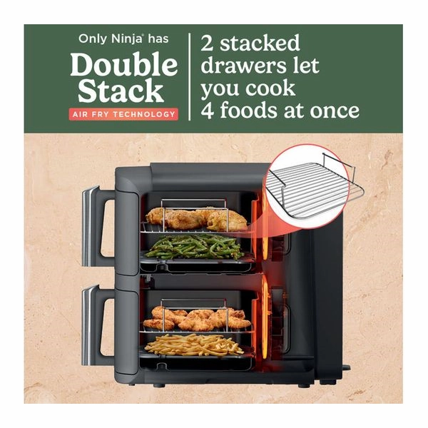 Ninja Double Stack XL Air Fryer, Vertical Dual Drawer AirFryer with 4 cooking levels, 2 Drawers and 2 Racks, Space Saving Design, 9.5L Capacity, 6 Cooking Functions, 8 Portions, GreySL400UK