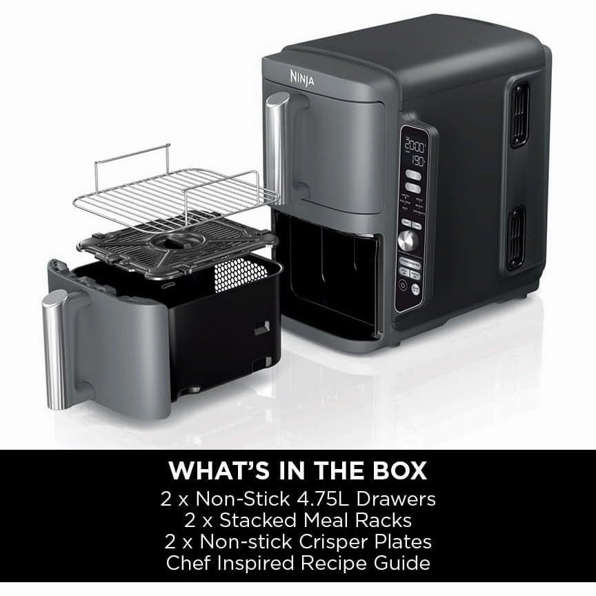 Ninja Double Stack XL Air Fryer, Vertical Dual Drawer AirFryer with 4 cooking levels, 2 Drawers and 2 Racks, Space Saving Design, 9.5L Capacity, 6 Cooking Functions, 8 Portions, GreySL400UK