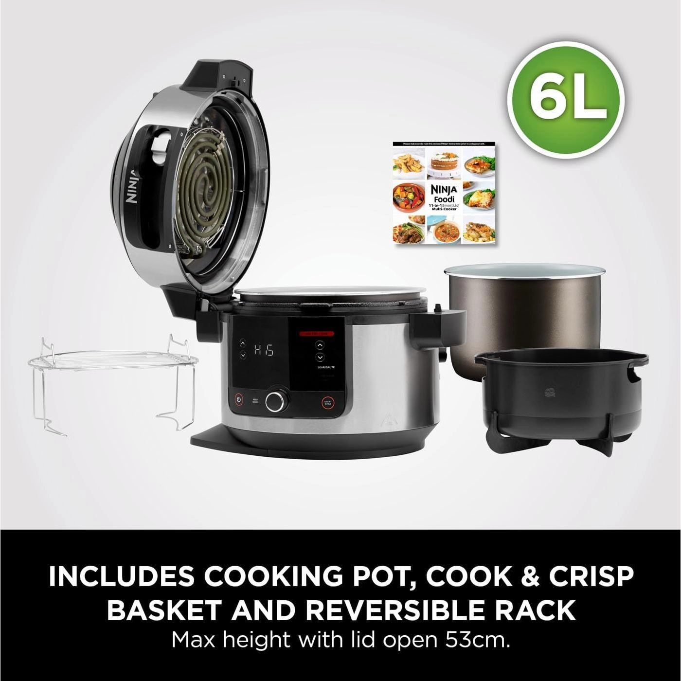 Ninja Foodi 11-in-1 SmartLid Multi-Cooker, 6L, Electric Pressure Cooker & Air Fryer, Reversible Rack, 4 Portions, Dishwasher Safe, Stainless Steel/Black (OL550UK)