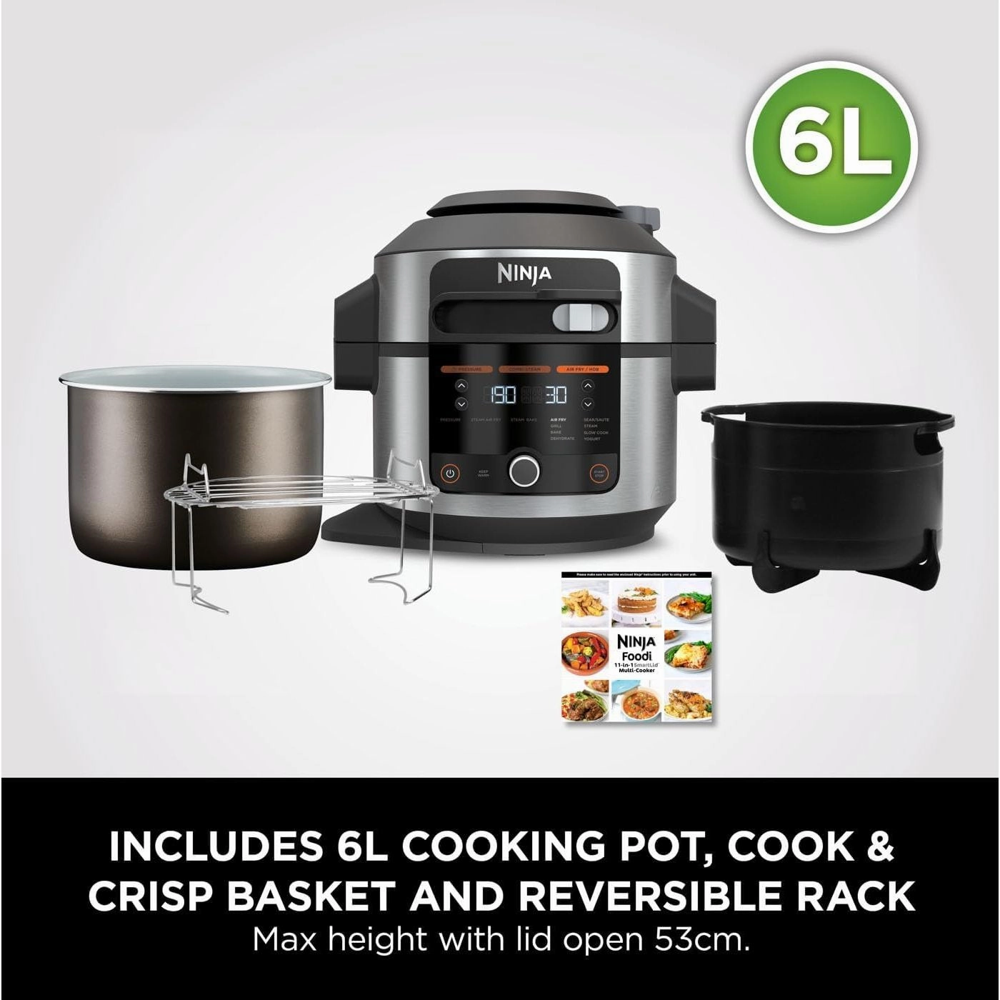 Ninja Foodi 11-in-1 SmartLid Multi-Cooker, 6L, Electric Pressure Cooker & Air Fryer, Reversible Rack, 4 Portions, Dishwasher Safe, Stainless Steel/Black (OL550UK)
