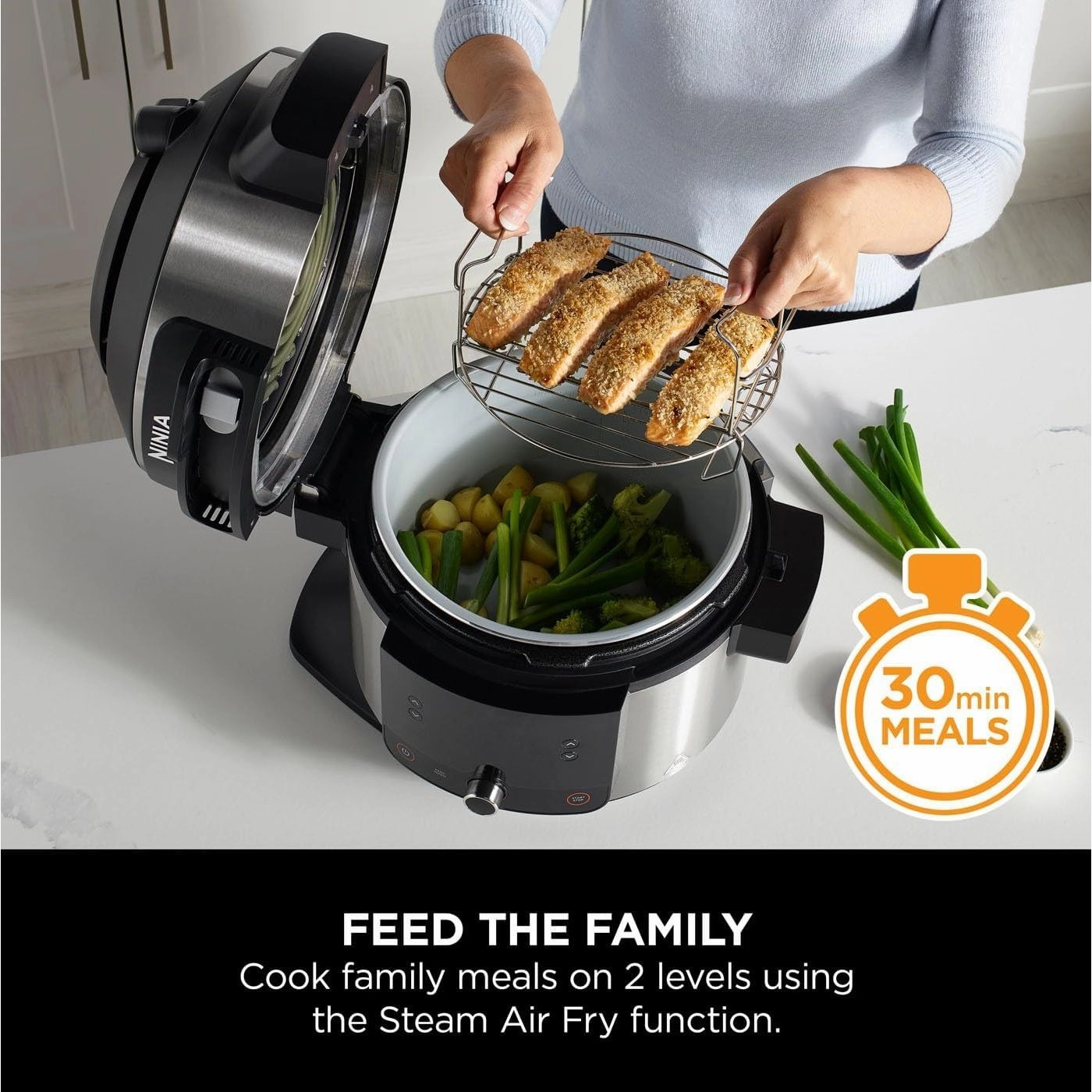 Ninja Foodi 11-in-1 SmartLid Multi-Cooker, 6L, Electric Pressure Cooker & Air Fryer, Reversible Rack, 4 Portions, Dishwasher Safe, Stainless Steel/Black (OL550UK)