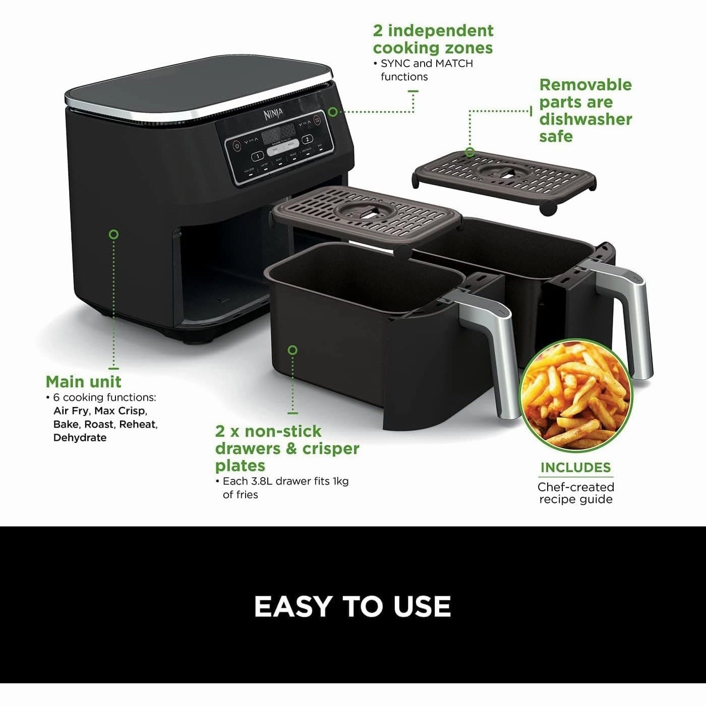 Ninja Foodi Dual Zone Digital Air Fryer, 2 Drawers, 7.6L, 6-in-1 Cooks 4-6 Portions, Non-Stick, Dishwasher Safe Baskets, Black