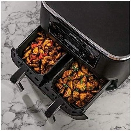 Ninja Foodi Dual Zone Digital Air Fryer, 2 Drawers, 7.6L, 6-in-1, Uses No Oil, Air Fry, Max Crisp, Roast, Bake, Reheat, Dehydrate, Cooks 4-6 Portions, Non-Stick, Dishwasher Safe Baskets, Black AF300UK