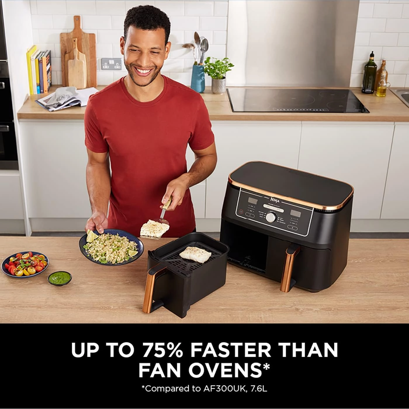 Ninja Foodi MAX Dual Zone Air Fryer, 9.5L, 6-in-1, 2 Drawers, No Oil, Nonstick Baskets, Copper/Black - AF400UKCP