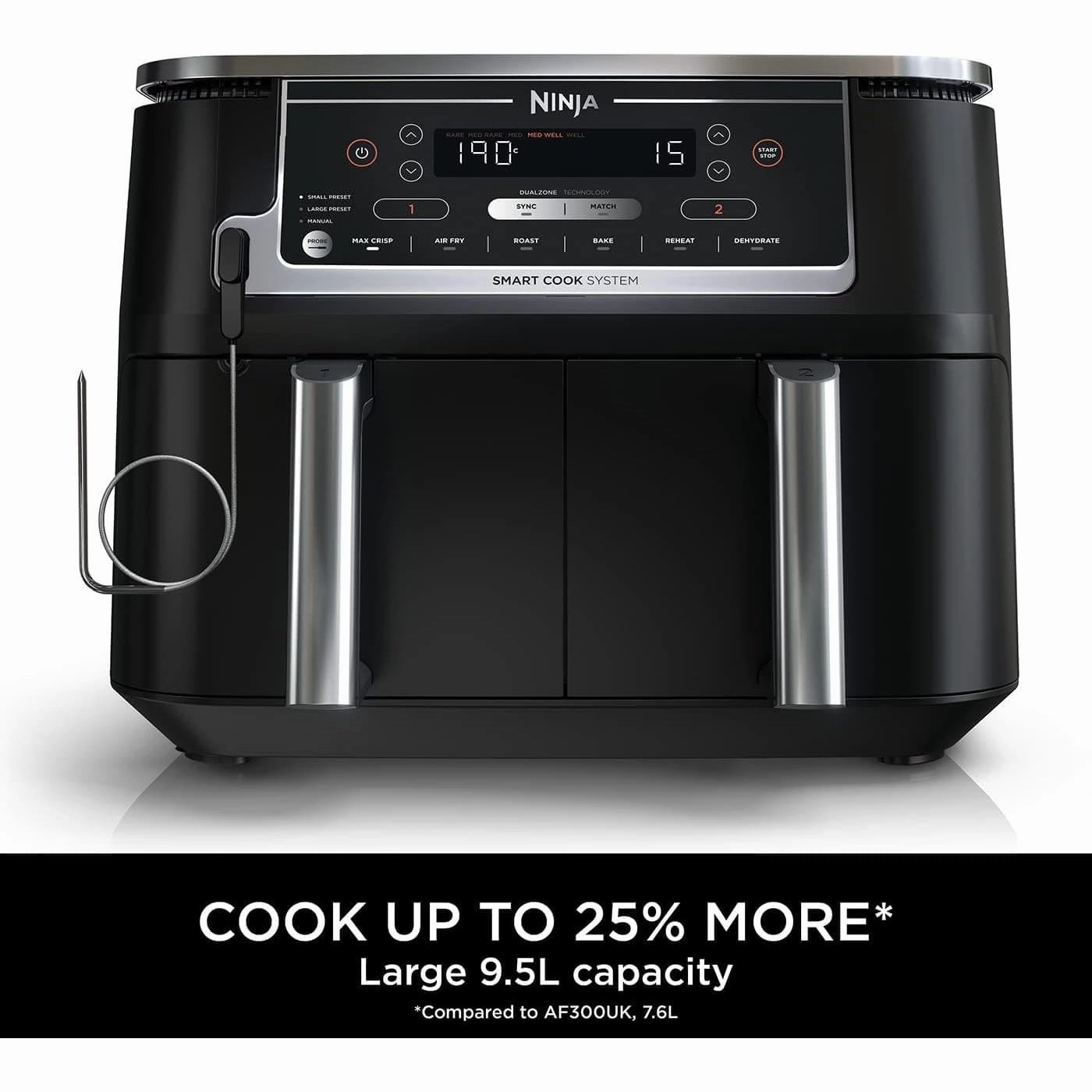 Ninja Foodi MAX Dual Zone Air Fryer [AF451UK] Smart Cook System, 9.5L, 2 Drawers, 6 Functions, Black