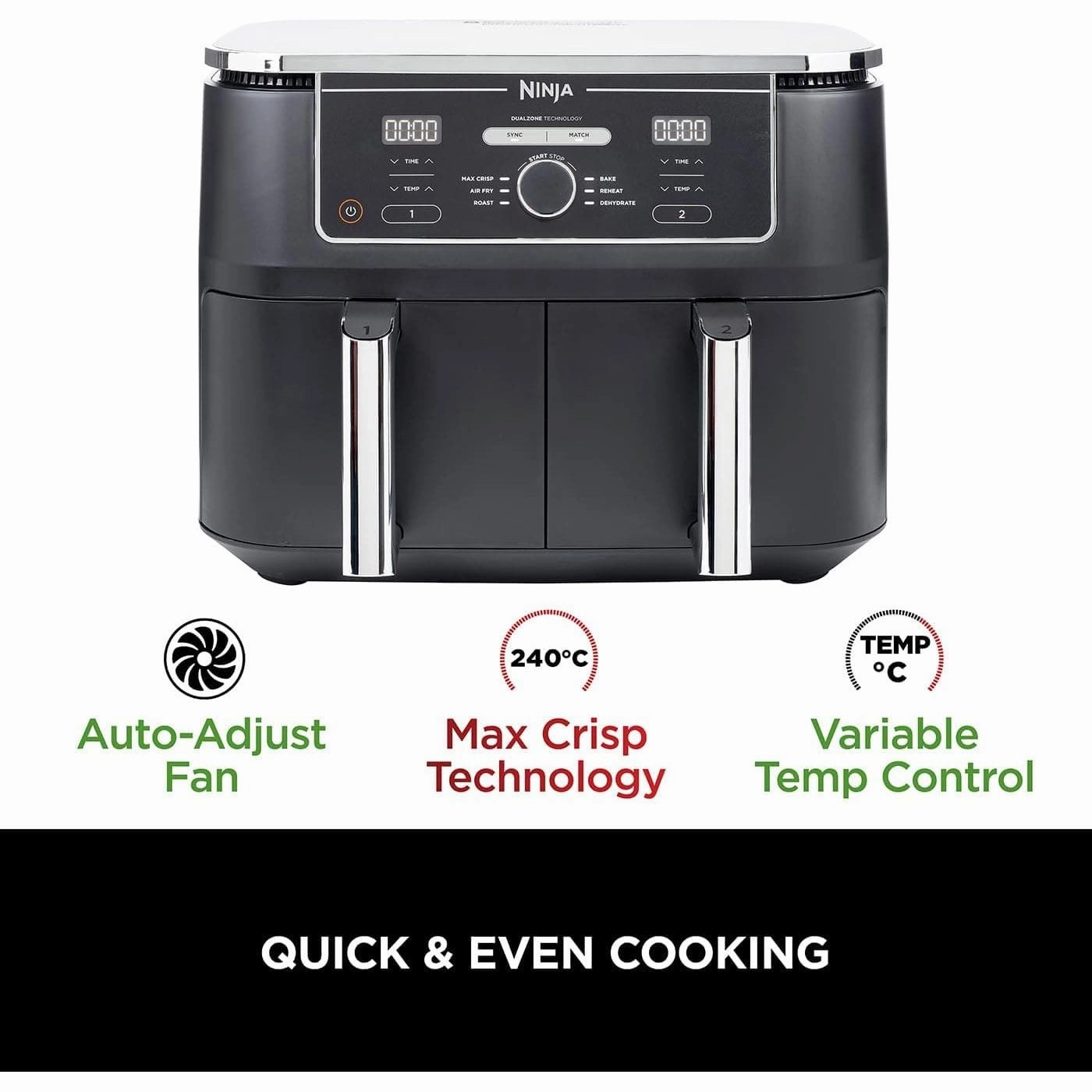 Ninja Foodi MAX Dual Zone Digital Air Fryer, 2 Drawers, 9.5L, 6-in-1, Uses No Oil, Max Crisp, Roast, Bake, Reheat, Dehydrate, Cook 8 Portions, Non-Stick Dishwasher Safe Baskets, Black AF400UK