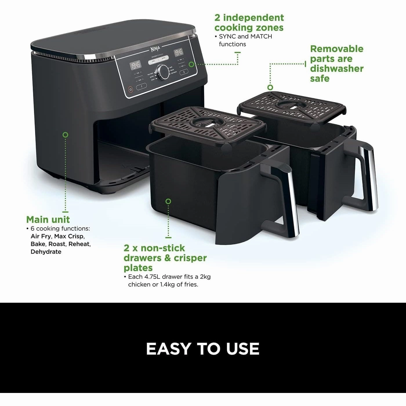 Ninja Foodi MAX Dual Zone Digital Air Fryer, 2 Drawers, 9.5L, 6-in-1, Uses No Oil, Max Crisp, Roast, Bake, Reheat, Dehydrate, Cook 8 Portions, Non-Stick Dishwasher Safe Baskets, Black AF400UK