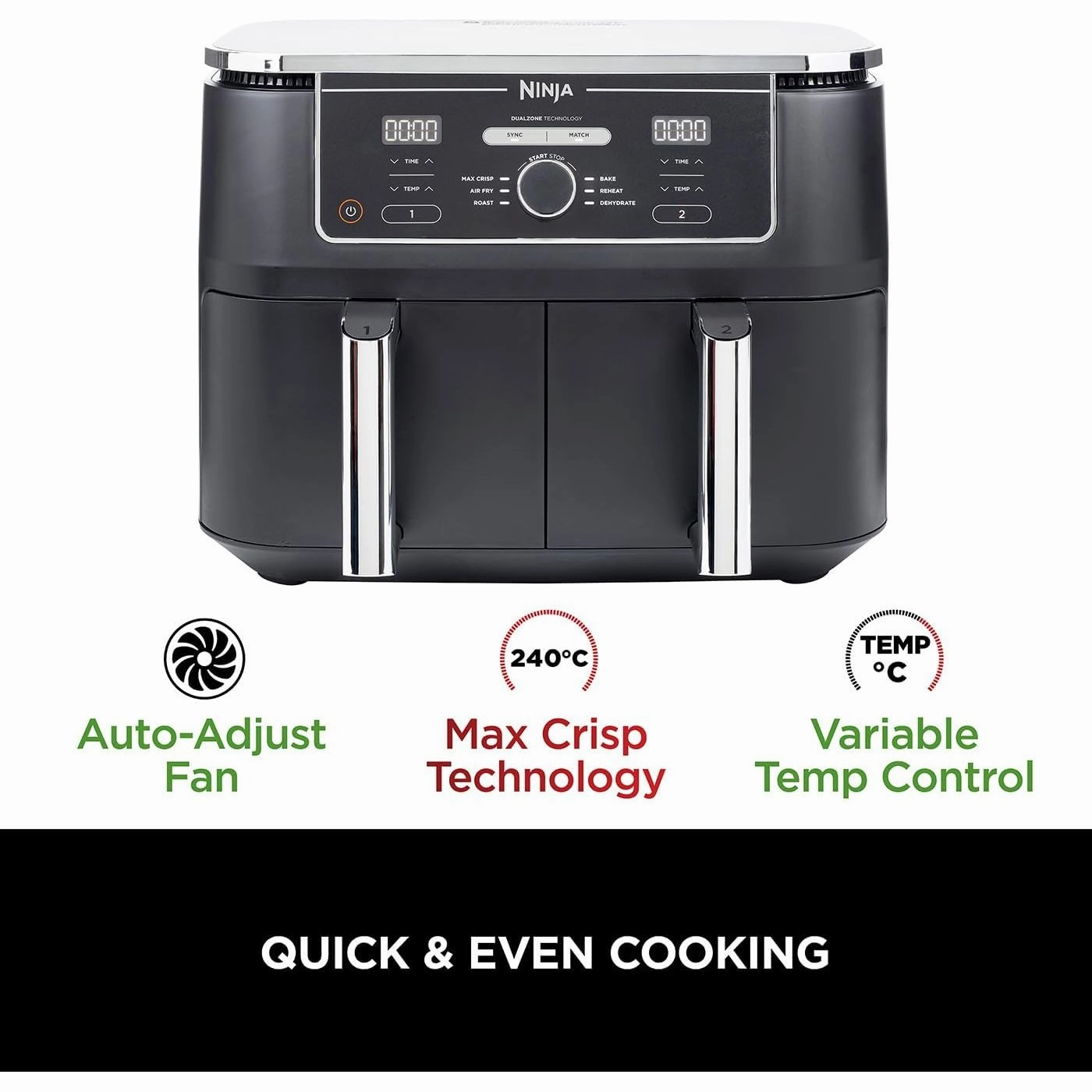 Ninja Foodi MAX Dual Zone Digital Air Fryer, 2 Drawers, 9.5L, 6-in-1, Uses No Oil, Max Crisp, Roast, Bake, Reheat, Dehydrate, Cook 8 Portions, Non-Stick Dishwasher Safe Baskets, Black
