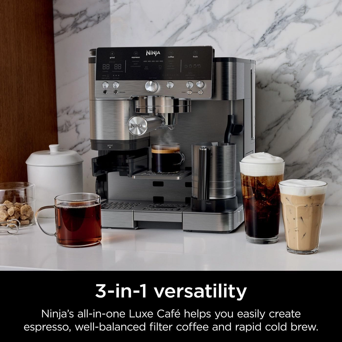 Ninja Luxe Premier 3-in-1 Coffee Machine  Latte, Cappuccino, Cold Brew & Espresso Maker, Built-In Bean Grinder, Milk Frother, 4 Automated Froth Presets  Silver (ES601UK)