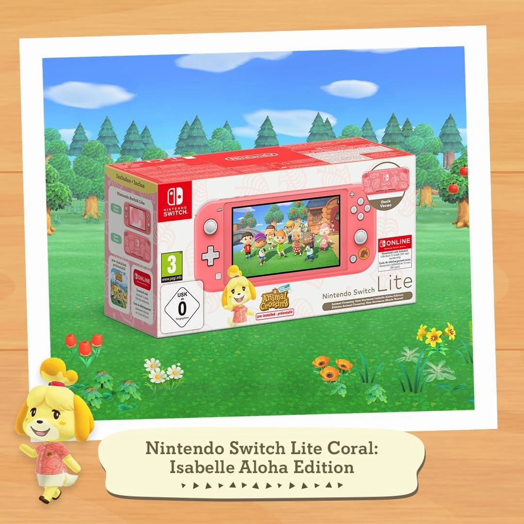 Nintendo Switch Lite Coral (Isabelle Aloha Edition)   Animal Crossing: New Horizons (Pre-Installed)   12-Month Nintendo Switch Online Subscription
