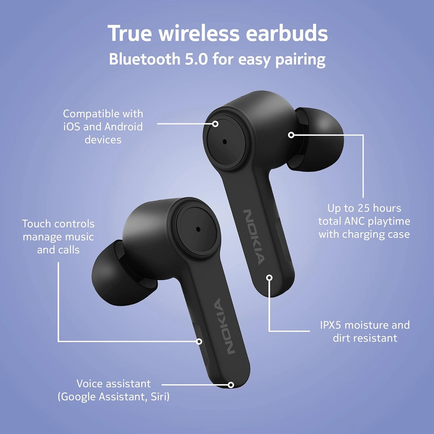 Nokia BH-805 Noise Cancelling Earbuds  Wireless Bluetooth, 20H Playtime, Charging Case - Black