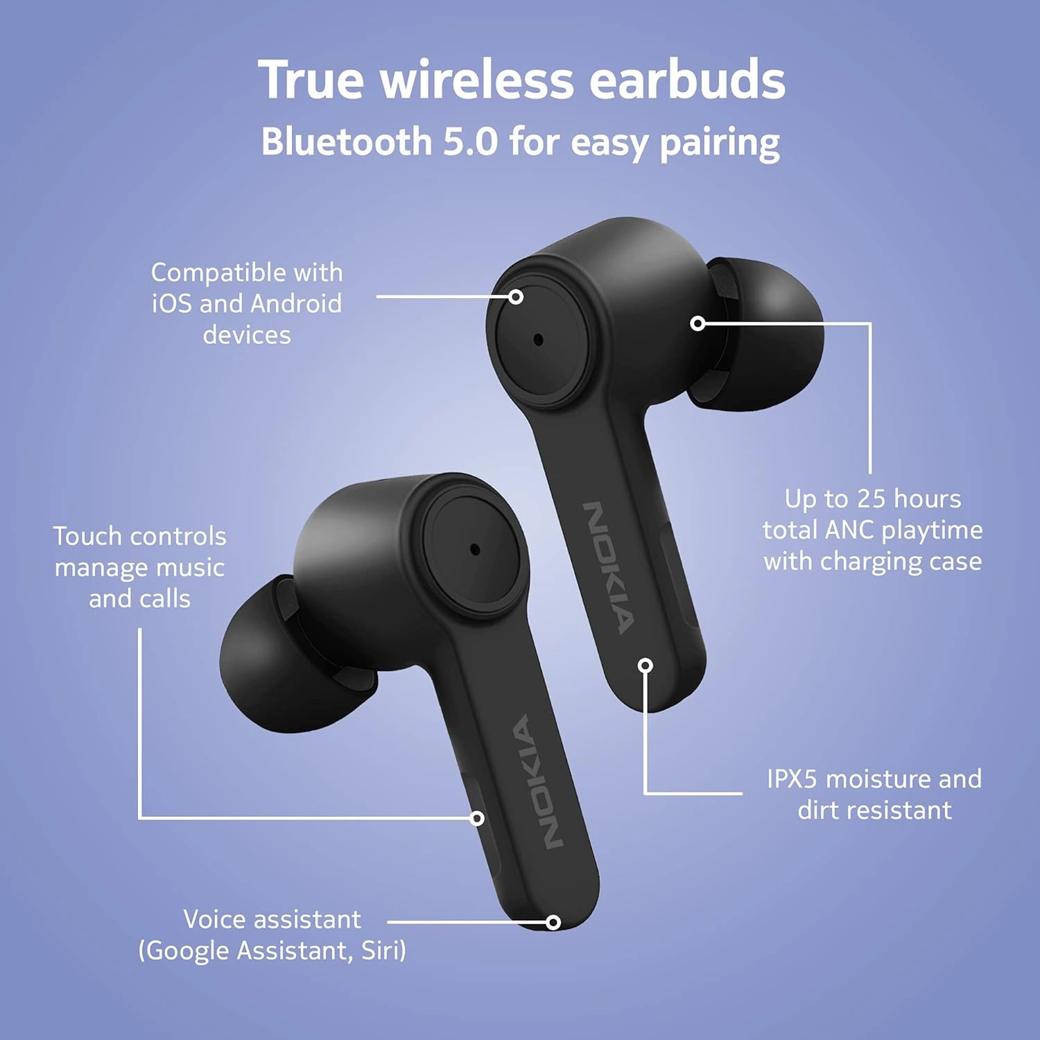 Nokia BH-805 Noise Cancelling Earbuds  Wireless Bluetooth, 20H Playtime, Charging Case - Black