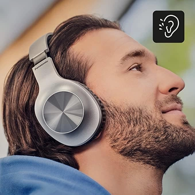 Panasonic RB-HX220BDES Wireless Headphones, Over Ear Earphones With Ergonomic Fit, Extra Bass, Up to 23 Hours Playtime, Fast & Easy Connection and Folding Design, Silver
