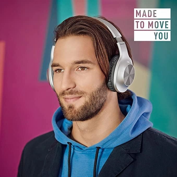 Panasonic RB-HX220BDES Wireless Headphones, Over Ear Earphones With Ergonomic Fit, Extra Bass, Up to 23 Hours Playtime, Fast & Easy Connection and Folding Design, Silver