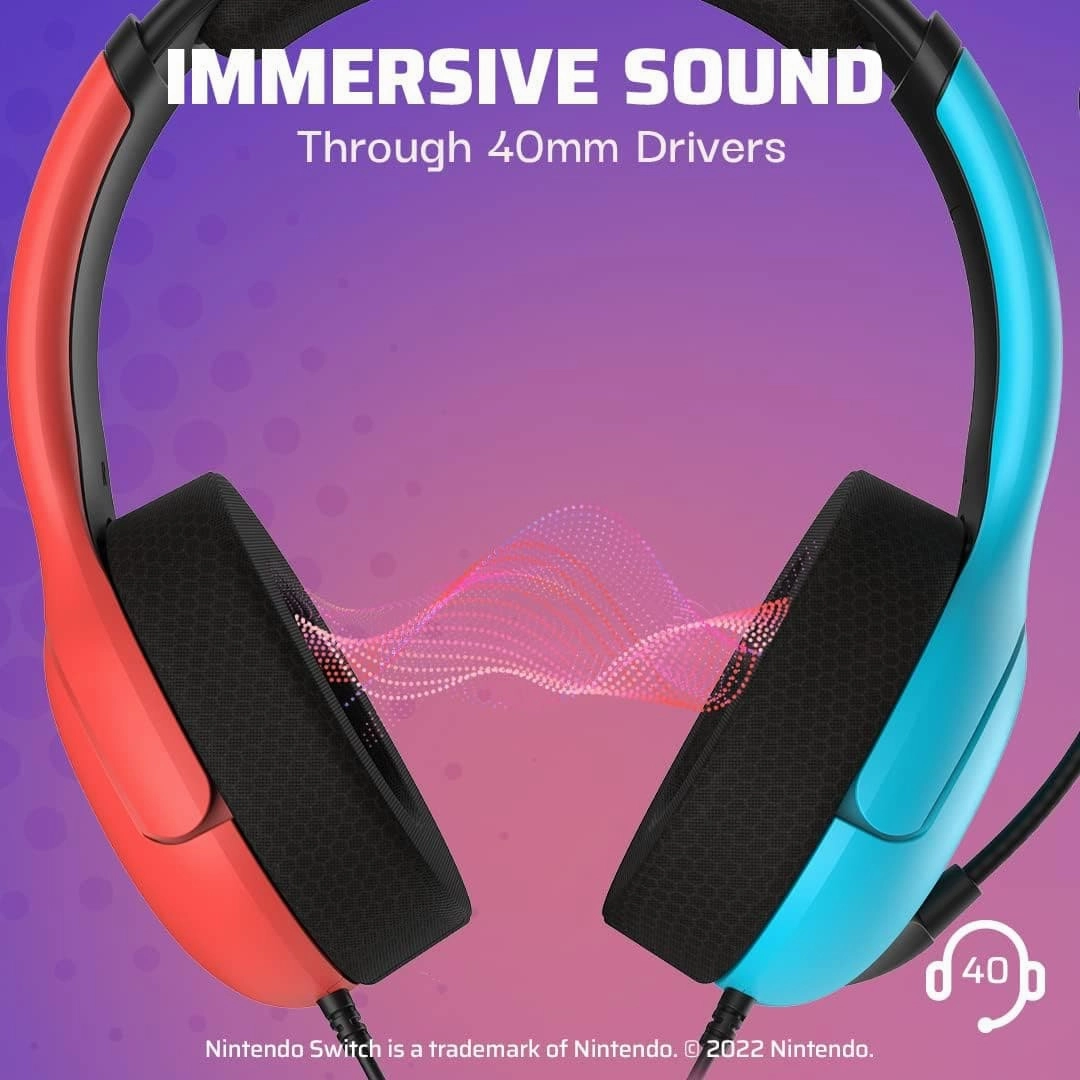 PDP Gaming LVL40 Stereo Headphone with Mic for Nintendo Switch - PC, iPad, Mac, Laptop Compatible, 3.5 mm Jack - Neon Blue-Red