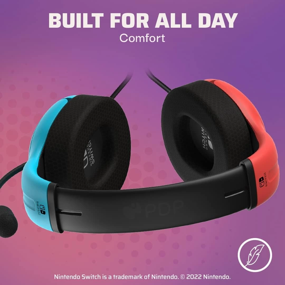 PDP Gaming LVL40 Stereo Headphone with Mic for Nintendo Switch - PC, iPad, Mac, Laptop Compatible, 3.5 mm Jack - Neon Blue-Red