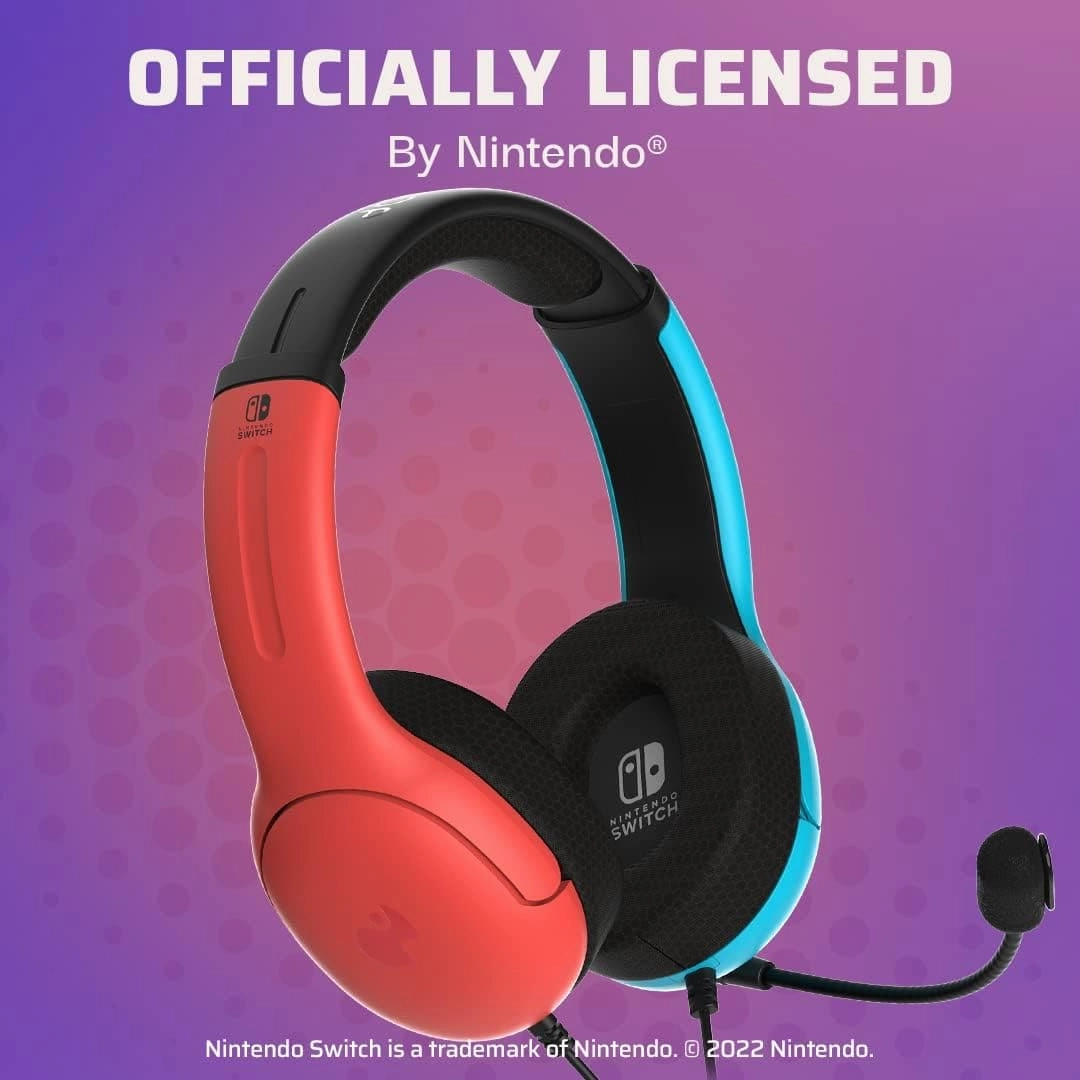 PDP Gaming LVL40 Stereo Headphone with Mic for Nintendo Switch - PC, iPad, Mac, Laptop Compatible, 3.5 mm Jack - Neon Blue-Red