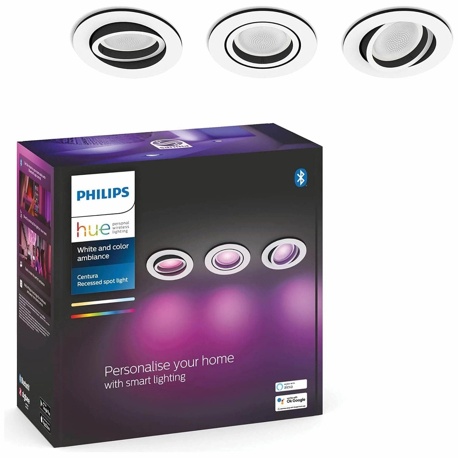 Philips Hue New Centura White and Colour Ambiance Smart Ceiling Light Spot 3 Pack [Round - White] with Bluetooth, Works with Alexa, Google Assistant and Apple Homekit