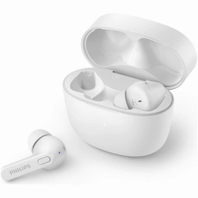 PHILIPS TAT2206WT/00 Earbuds - Bluetooth, Splash & Sweat Resistant, Up to 18 Hrs Playtime, Built-in Mic, Soft Silicone Tips in 3 Sizes, Comfort Fit, White bluetooth headphones, cheap wireless headphones, headphones with mic
