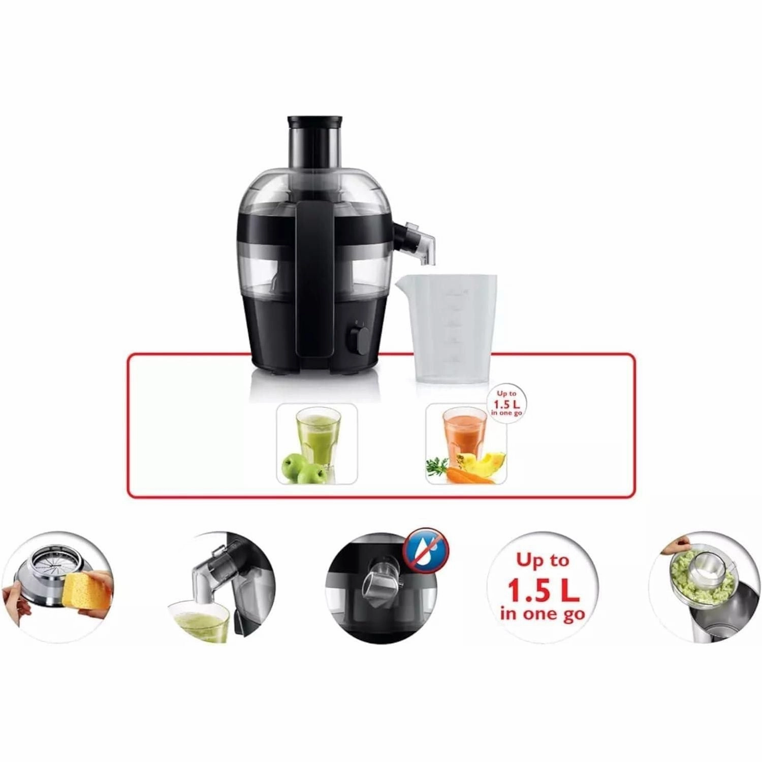Philips Viva Collection Compact Juicer - 1.5L, 500W, Quick Clean Technology, Drip Stop, Dishwasher Safe Parts, See-through Pulp Container, Direct Serve, Black (HR1832/01)