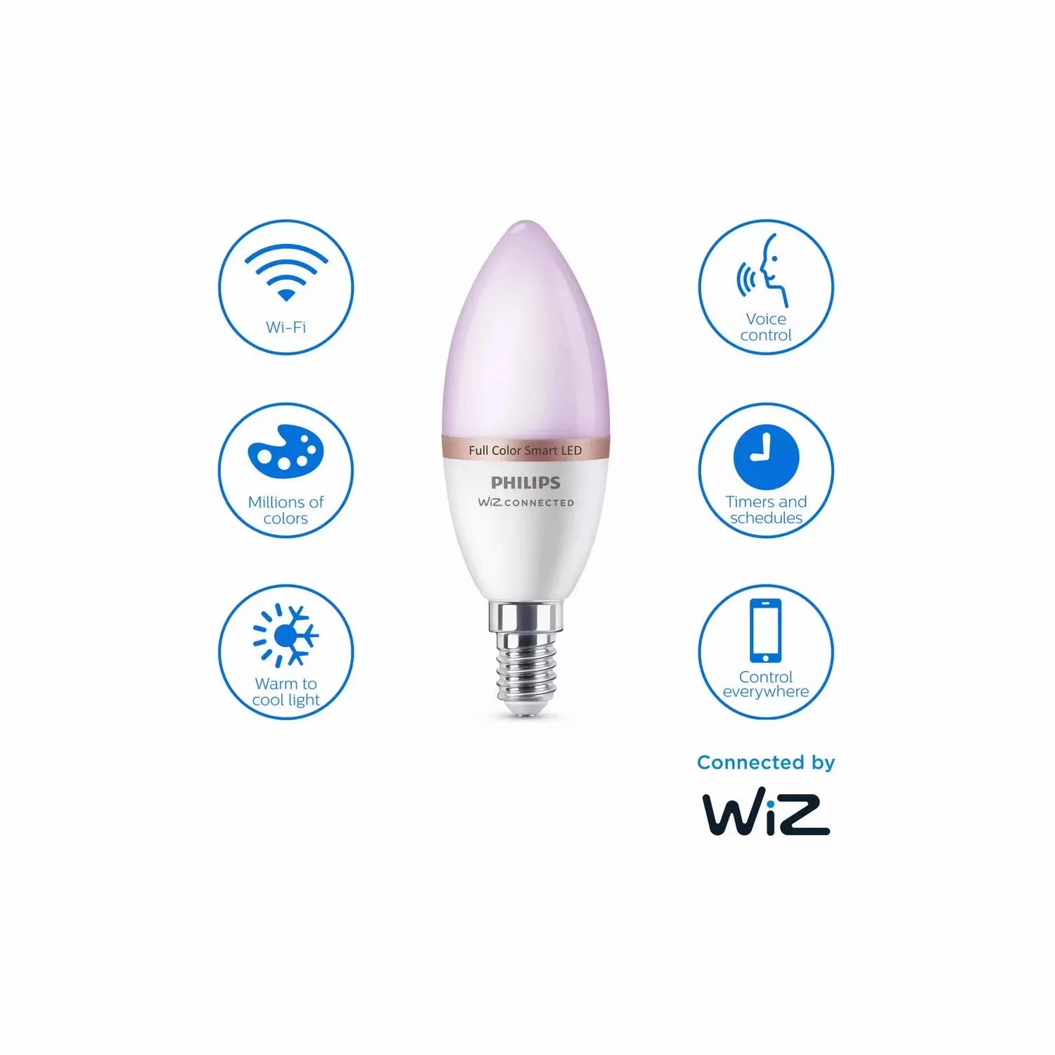 Philips WiZ E14 Colour Smart LED Wi-Fi Candle Bulbs - 2 Pack
