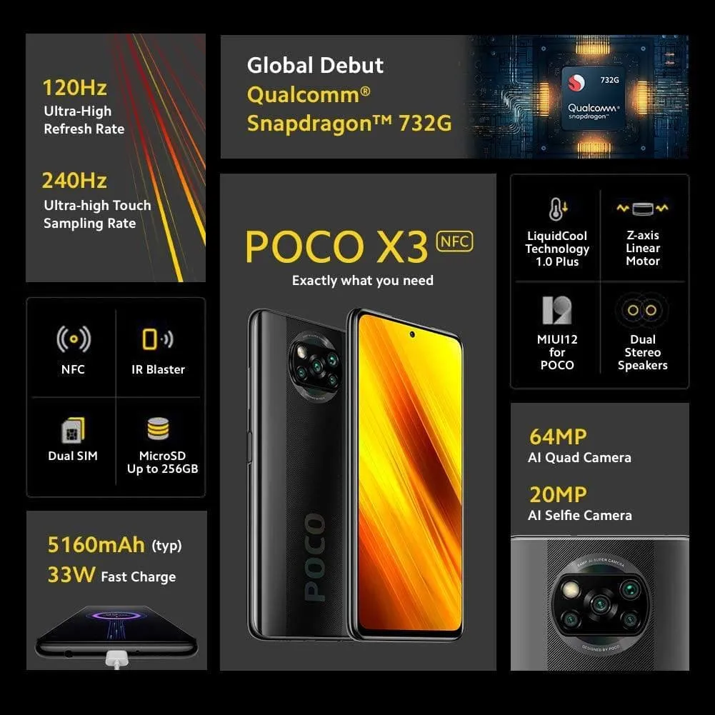 POCO X3 NFC - 6 64GB Smartphone , 6.67 Snapdragon 732G, 64MP AI Penta-Camera, 5160mAh, Cobalt Blue