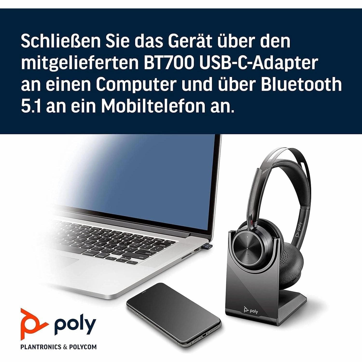 Poly - Voyager Focus 2 UC USB-C Headset with Stand (Plantronics) - Bluetooth Dual-Ear (Stereo) Headset with Boom Mic - USB-C PC/Mac Compatible - Active Noise Canceling - Works with Teams, Zoom & more