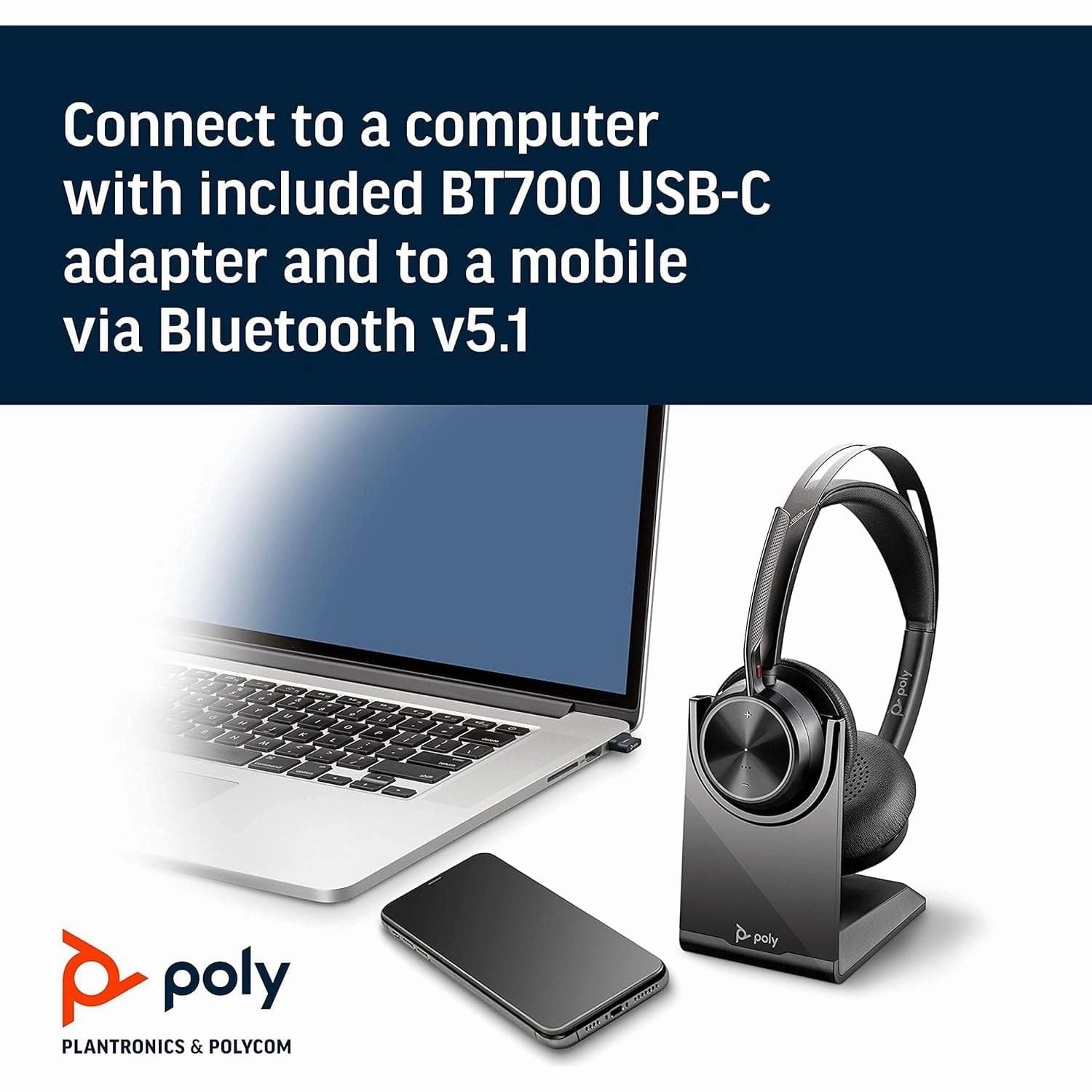 Poly - Voyager Focus 2 UC USB-C Headset with Stand (Plantronics) - Bluetooth Dual-Ear (Stereo) Headset with Boom Mic - USB-C PC/Mac Compatible - Active Noise Canceling - Works with Teams, Zoom & more