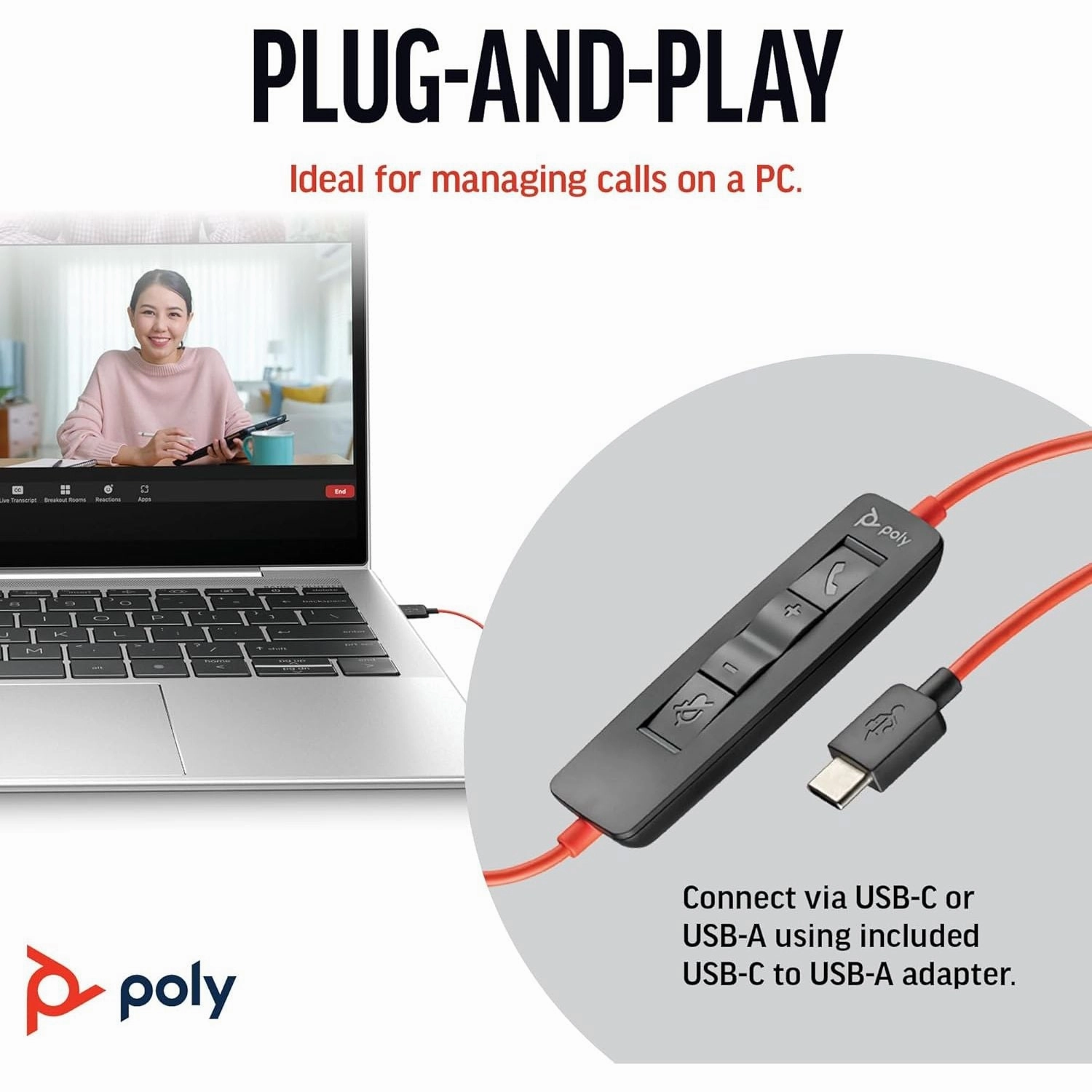 Poly Blackwire 3210 Wired Headset - Noise-Cancelling, Single-Ear, USB-C/USB-A, PC/Mac, Teams/Zoom Compatible