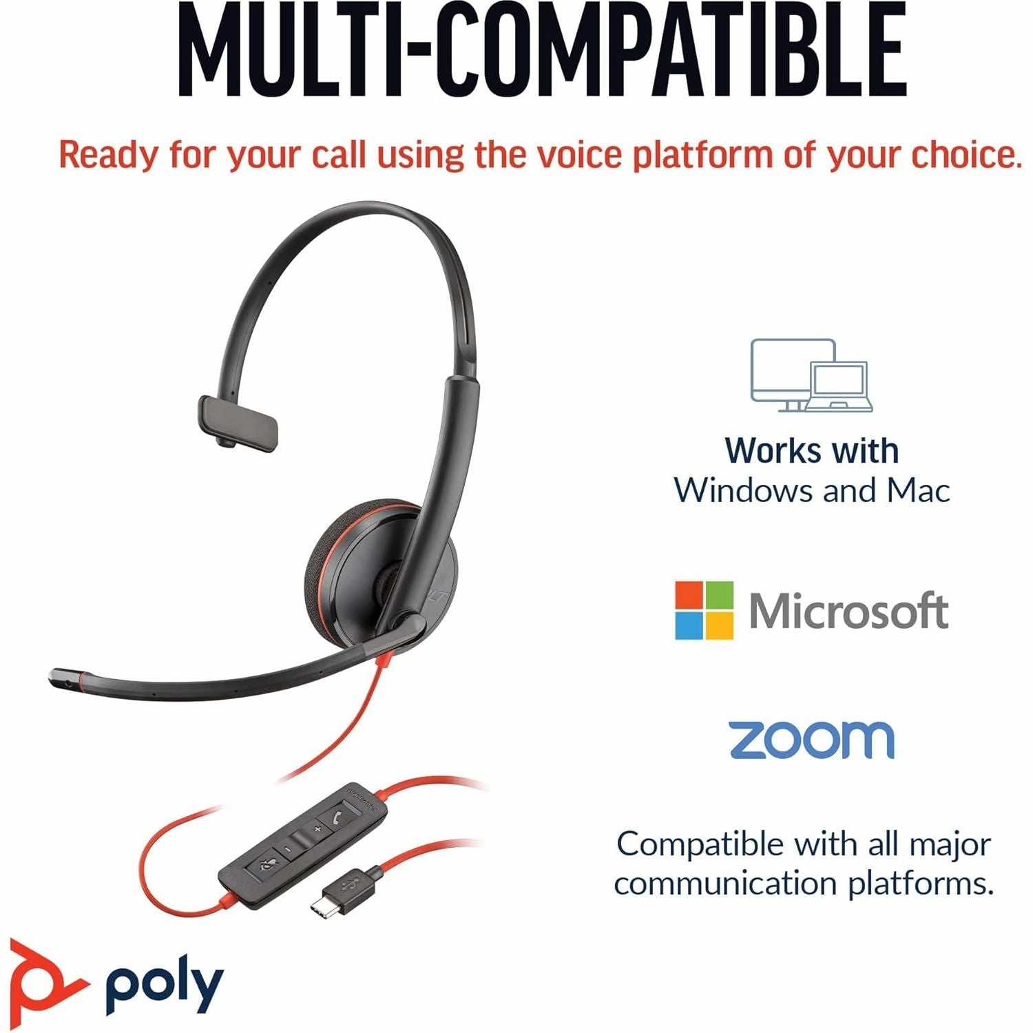 Poly Blackwire 3210 Wired Headset - Noise-Cancelling, Single-Ear, USB-C/USB-A, PC/Mac, Teams/Zoom Compatible