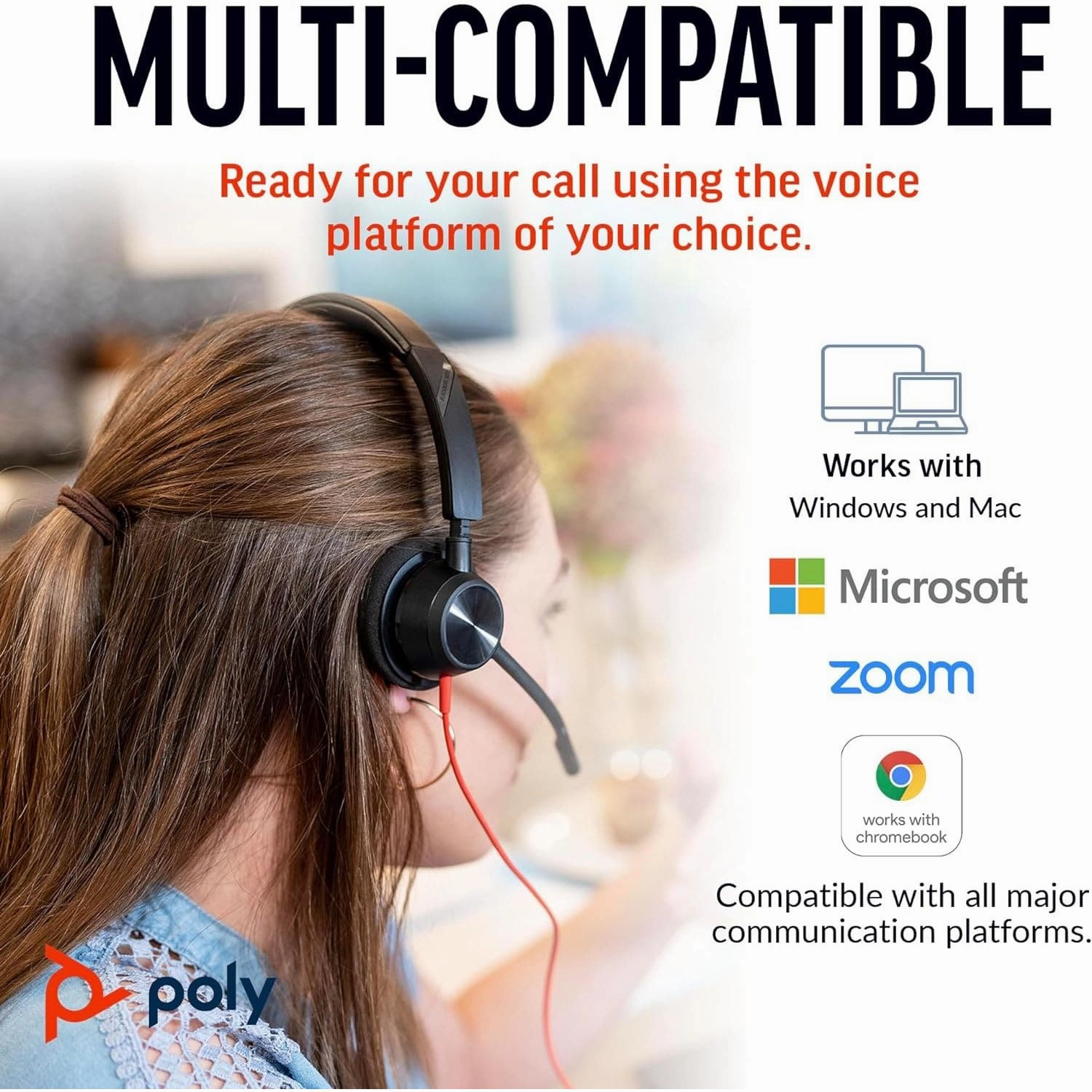 Poly Blackwire 3310 Wired Headset  Flexible Microphone Boom  Monaural Design - Connect to PC/Mac via USB-C or USB-A - Works w/Teams, Zoom