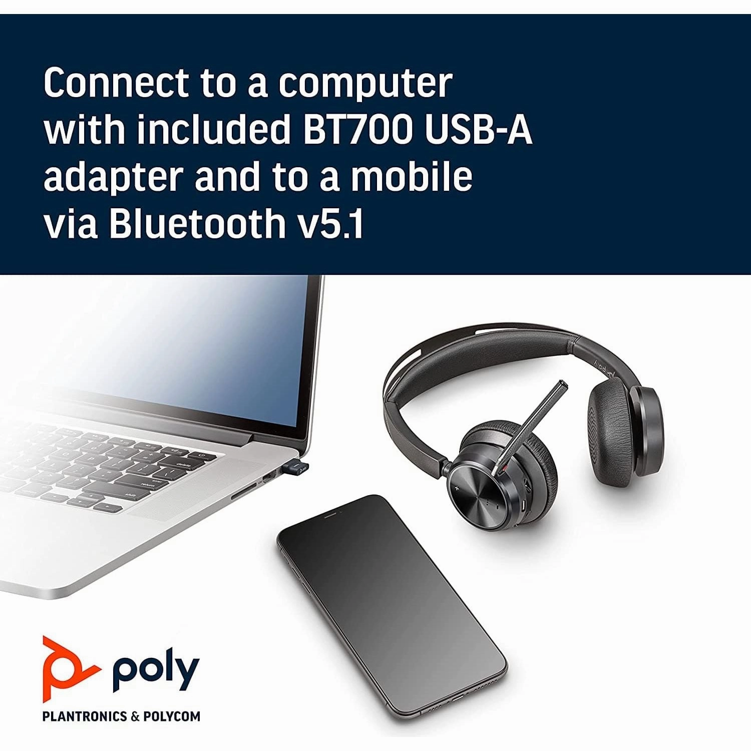 Poly Voyager Focus 2 UC USB-A Headset  Bluetooth, Stereo, Active Noise Cancelling, Boom Mic, Teams/Zoom Compatible