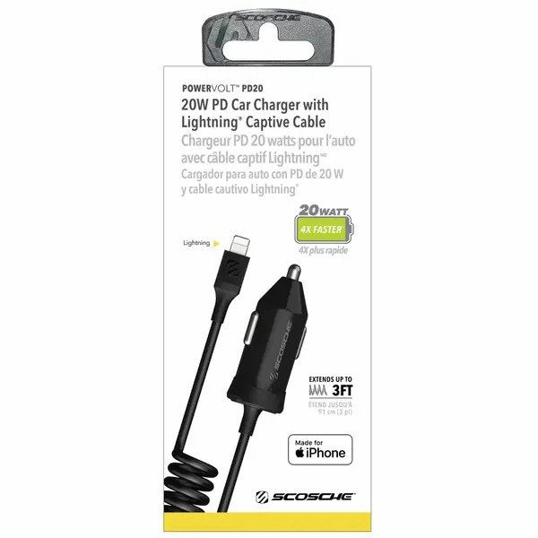 PowerVolt PD20  20W PD Car Charger with Captive Lightning Cable (Extends up to 9m)