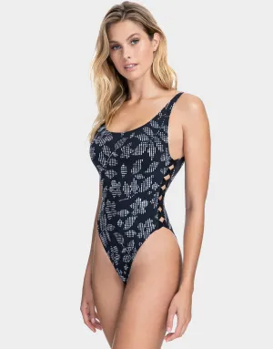 Profile Pepita Lace Up Side Swimsuit - Black/White