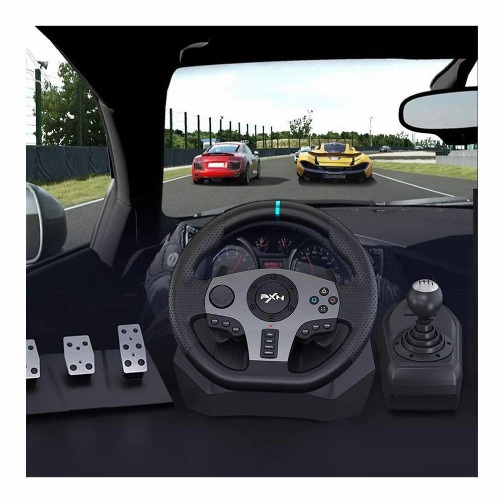 PXN V9 Universal USB Car Sim 270/900 degree Race Steering Wheel with 3-pedal Pedals And Shifter Bundle for PC, PS3, PS4, Xbox One, Xbox Series X/S, Nintendo Switch