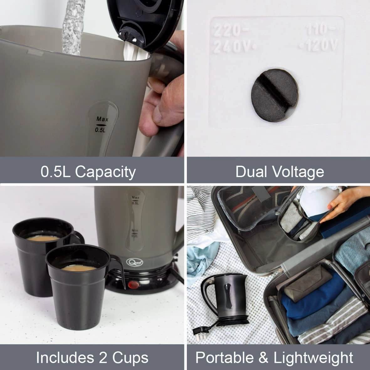 Quest Black Travel Kettle with 2 Cups  Portable, Lightweight, Dual Voltage