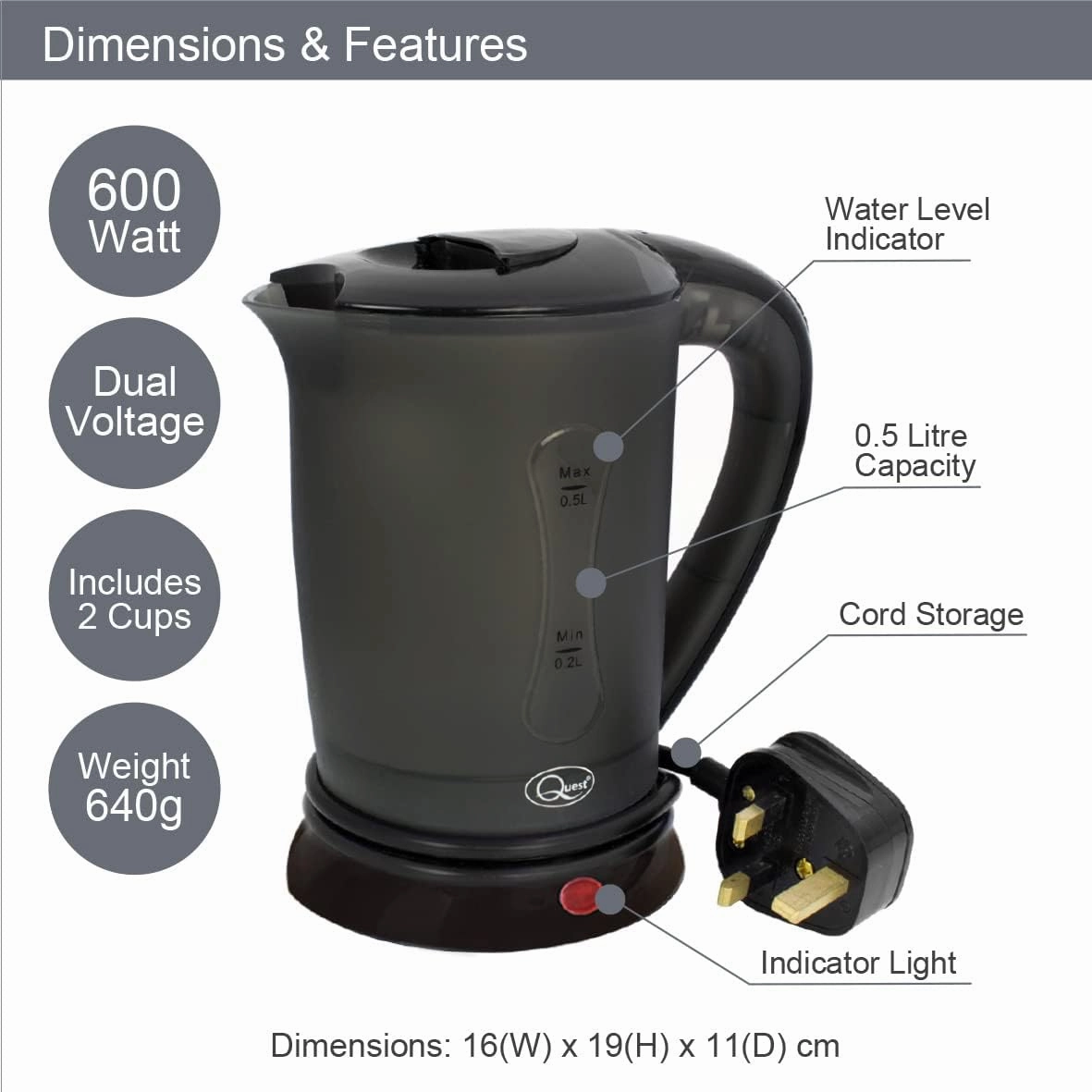 Quest Black Travel Kettle with 2 Cups  Portable, Lightweight, Dual Voltage