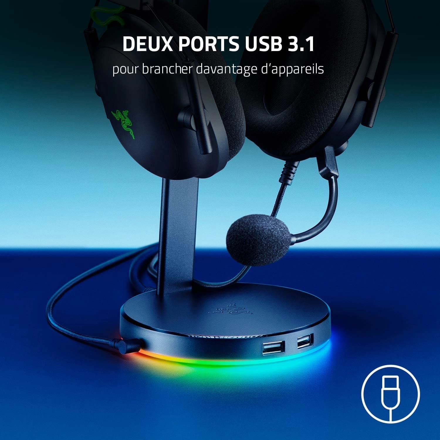 Razer Base Station V2 Chroma - Chroma Enabled Headset Stand with 3.1 USB Hub and 7.1 Surround Sound (2 USB 3.1 Ports, Intergrated Headset Stand, Non-Slip Base, Chroma RGB) Black