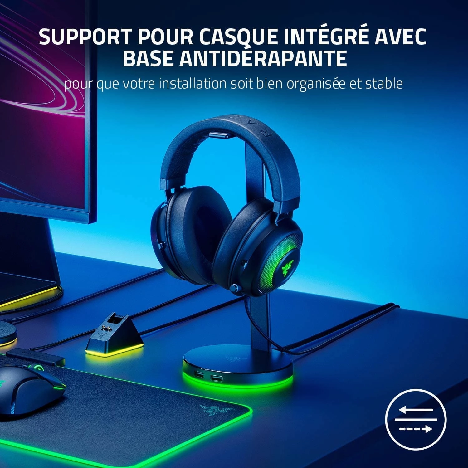 Razer Base Station V2 Chroma - Chroma Enabled Headset Stand with 3.1 USB Hub and 7.1 Surround Sound (2 USB 3.1 Ports, Intergrated Headset Stand, Non-Slip Base, Chroma RGB) Black