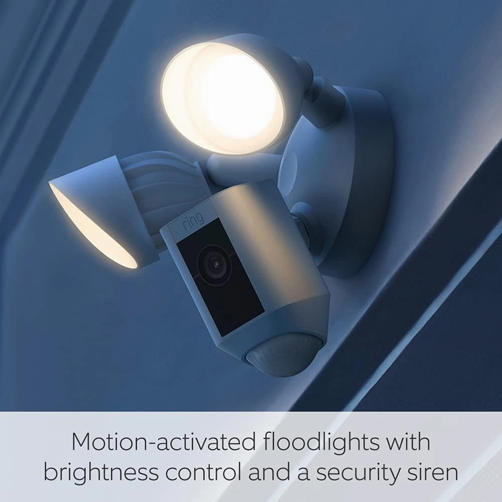 Ring Floodlight Cam Wired Plus - 1080p HD, LED Lights, Siren, Wi-Fi, Hardwired, White, 30-Day Ring Protect Trial