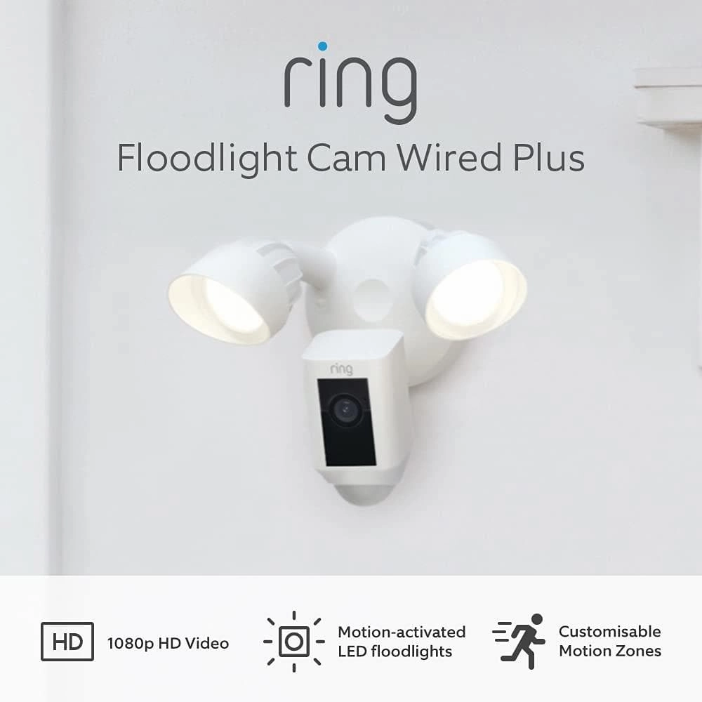 Ring Floodlight Cam Wired Plus - 1080p HD, LED Lights, Siren, Wi-Fi, Hardwired, White, 30-Day Ring Protect Trial