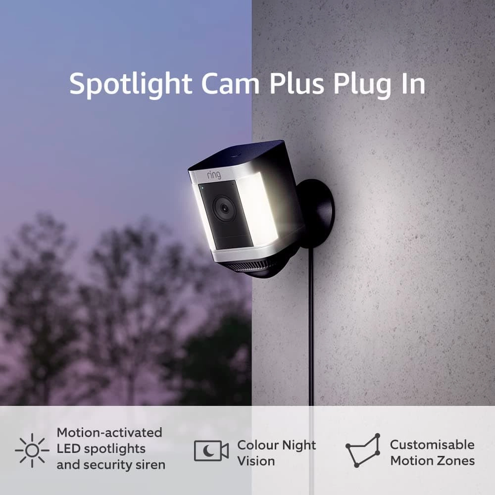 Ring Spotlight Cam Plus Plug-In by Amazon| Outdoor Security Camera 1080p HD Video, Two-Way Talk, Night Vision, LED Spotlights, Siren, alternative to CCTV system, 30-day free trial of Ring Protect