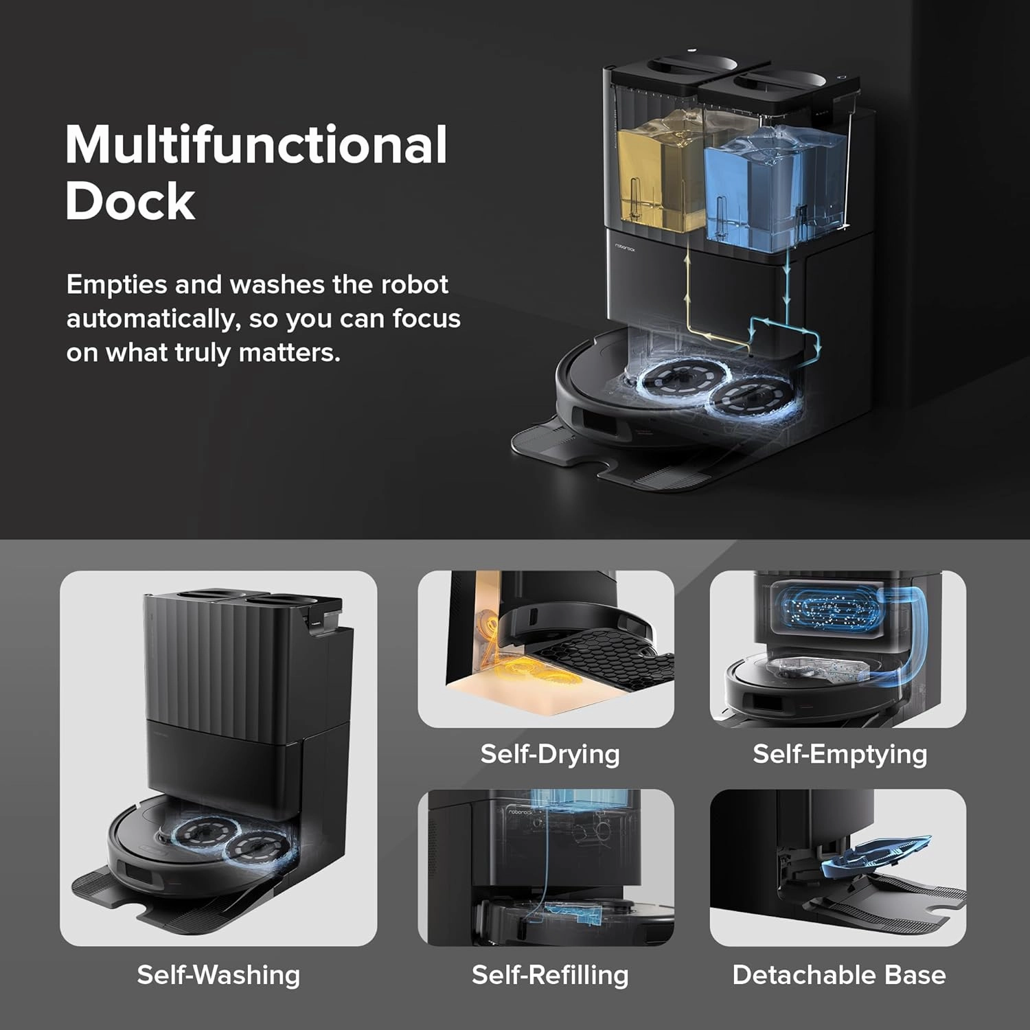 roborock Qrevo S Robot Vacuum Cleaner with Mop, 7000Pa Suction, LiDAR & Reactive Tech Avoidance, Multi-functional Station, Auto Mop Washing&Drying, Self-Emptying&Refilling, 10mm Mop Lifting (Black)